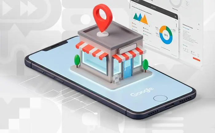 Negocio local representado sobre un teléfono con herramientas de presencia digital